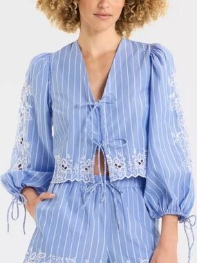 FUTURE COLLECTIVE target blue striped eyelet long sleeve crop tie front top